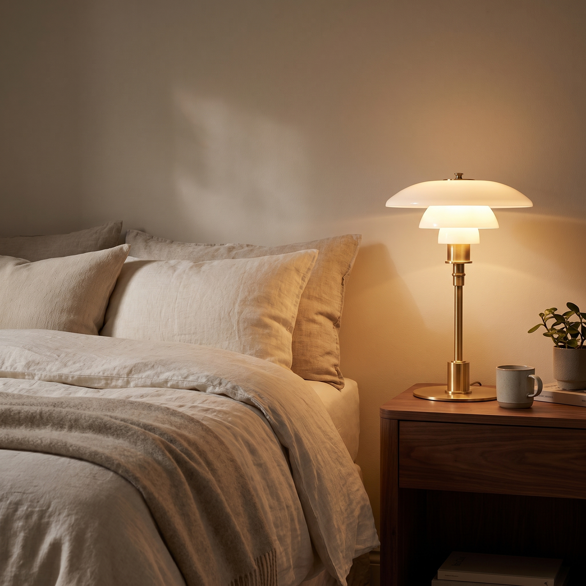 Scandinavian Layered Glass Table Lamp on a bedside table