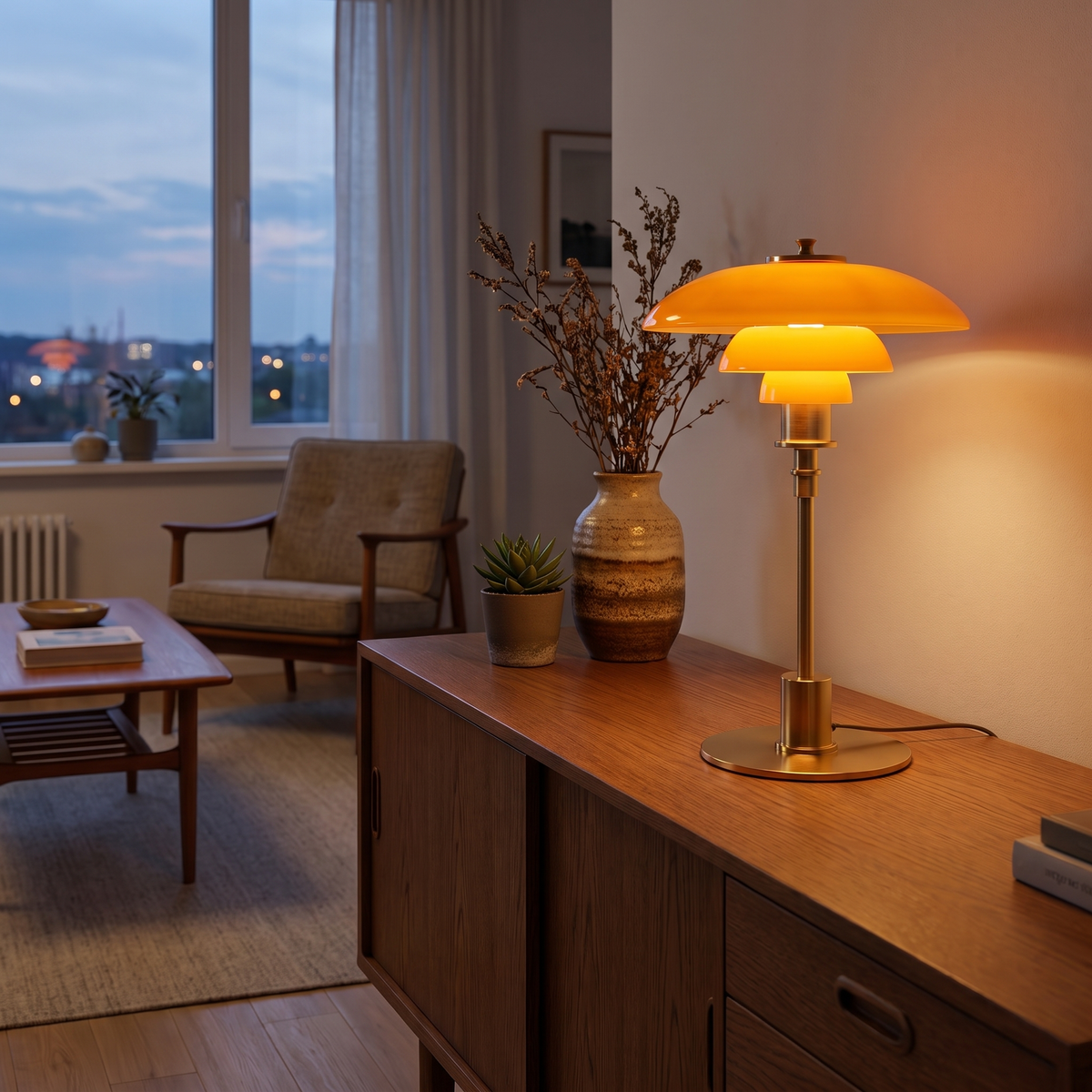 Scandinavian Layered Glass Table Lamp in amber on a living room sideboard
