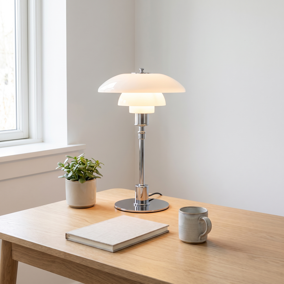 Scandinavian Layered Glass Table Lamp in silver on a home office desk
