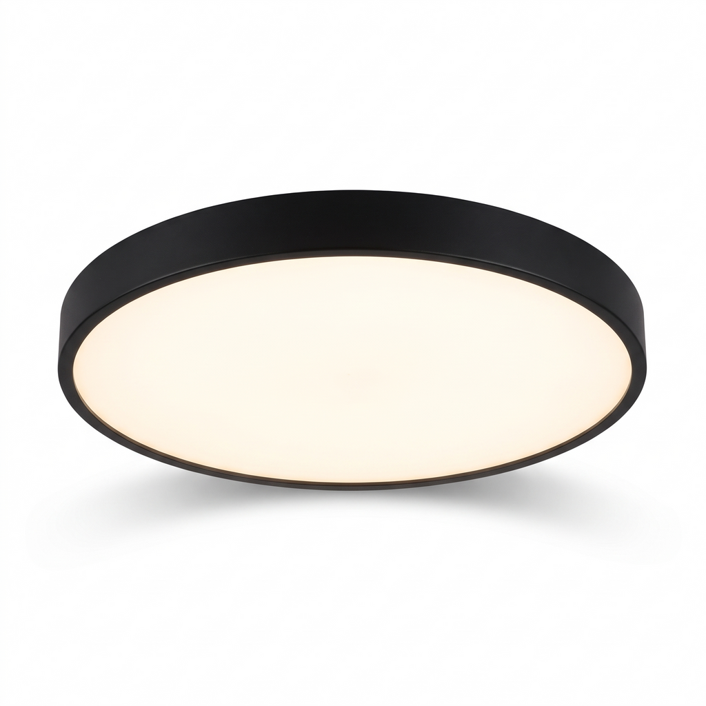 Slim Round LED Flush Mount Ceiling Light in black on white background