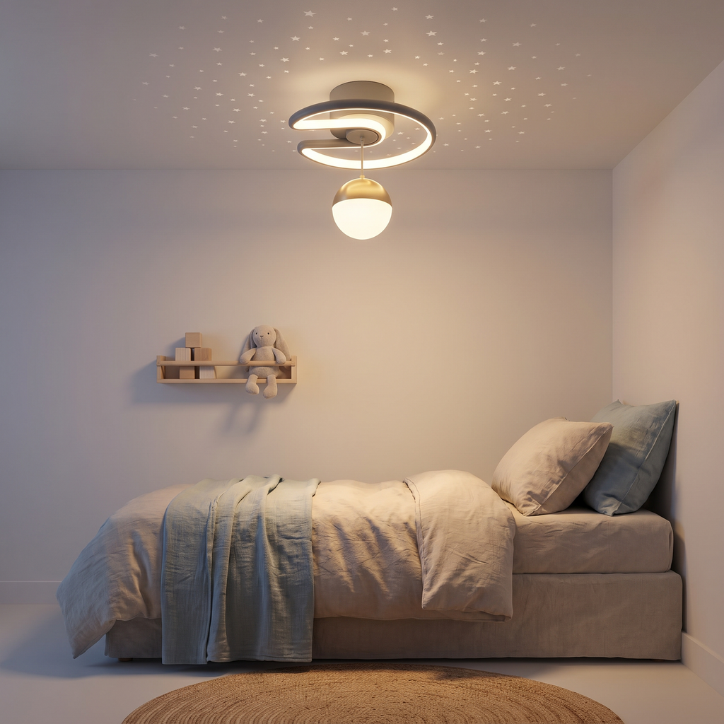 Crescent Moon Ceiling Light projecting stars in a kids bedroom