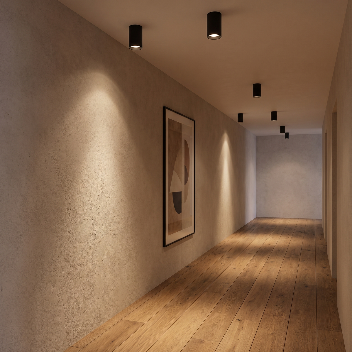 Cylinder LED Ceiling Spotlights along a hallway ceiling