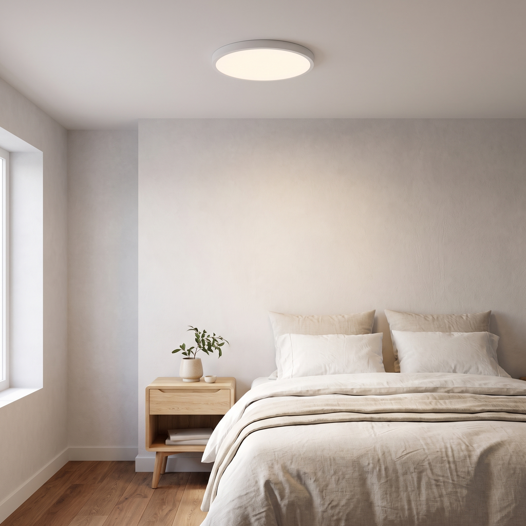 White Slim Round LED Flush Mount Ceiling Light in a bedroom