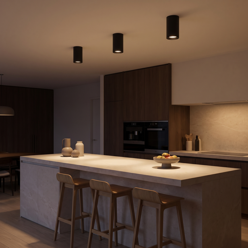 Three black Cylinder LED Ceiling Spotlights over a kitchen island, shown to scale