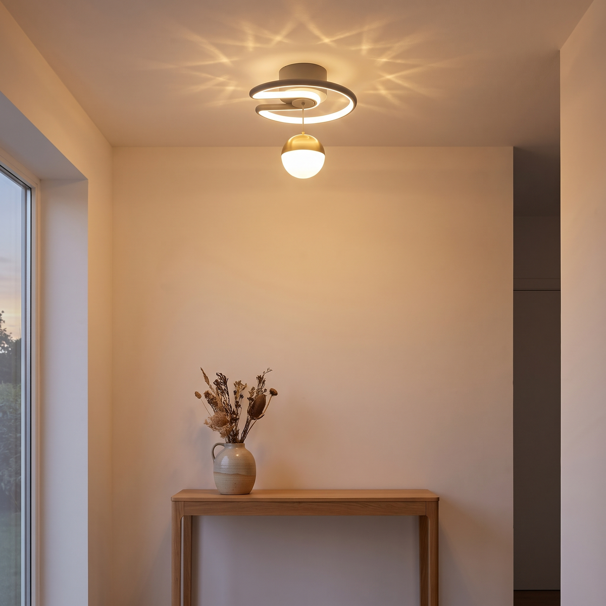 Crescent Moon Ceiling Light above an entryway console, shown to scale