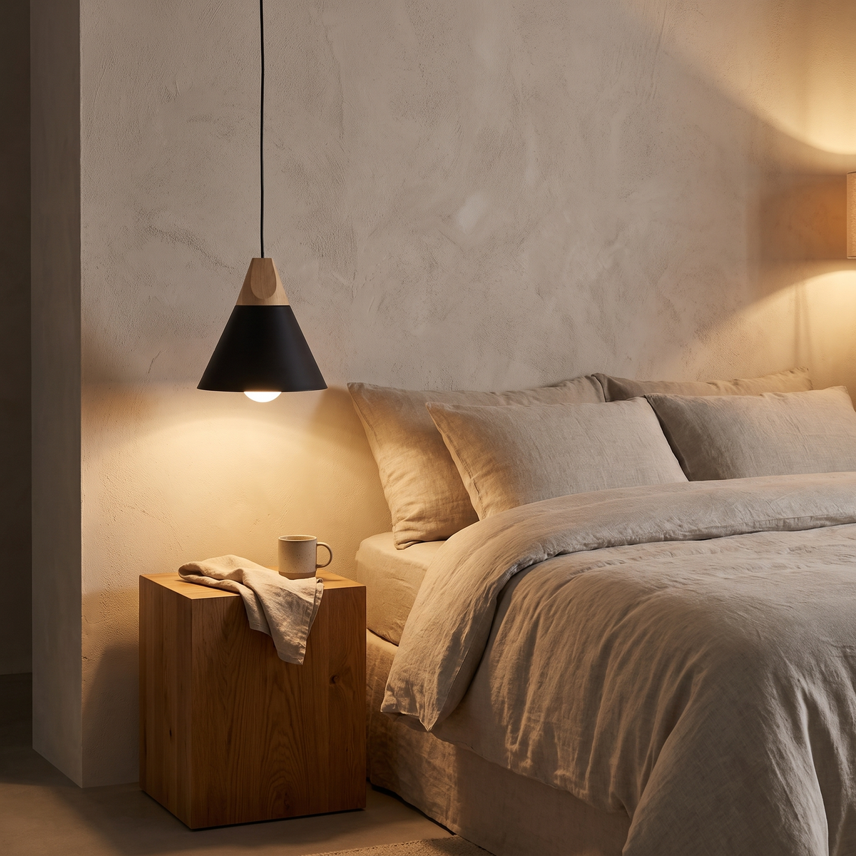 Black Nordic Cone Pendant Light hanging beside a bed at night