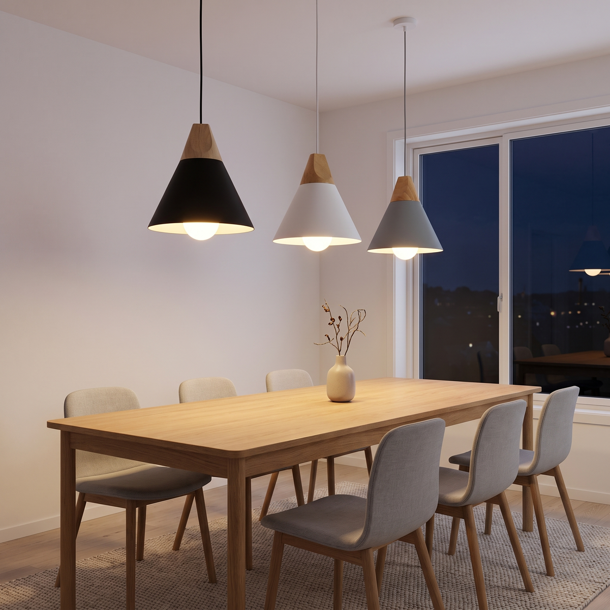 Nordic Cone Pendant Lights in black, white and gray over a dining table, shown to scale