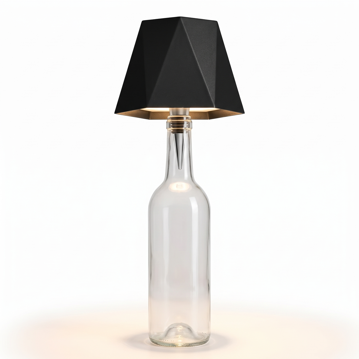 Black faceted shade cordless bottle lamp on white background