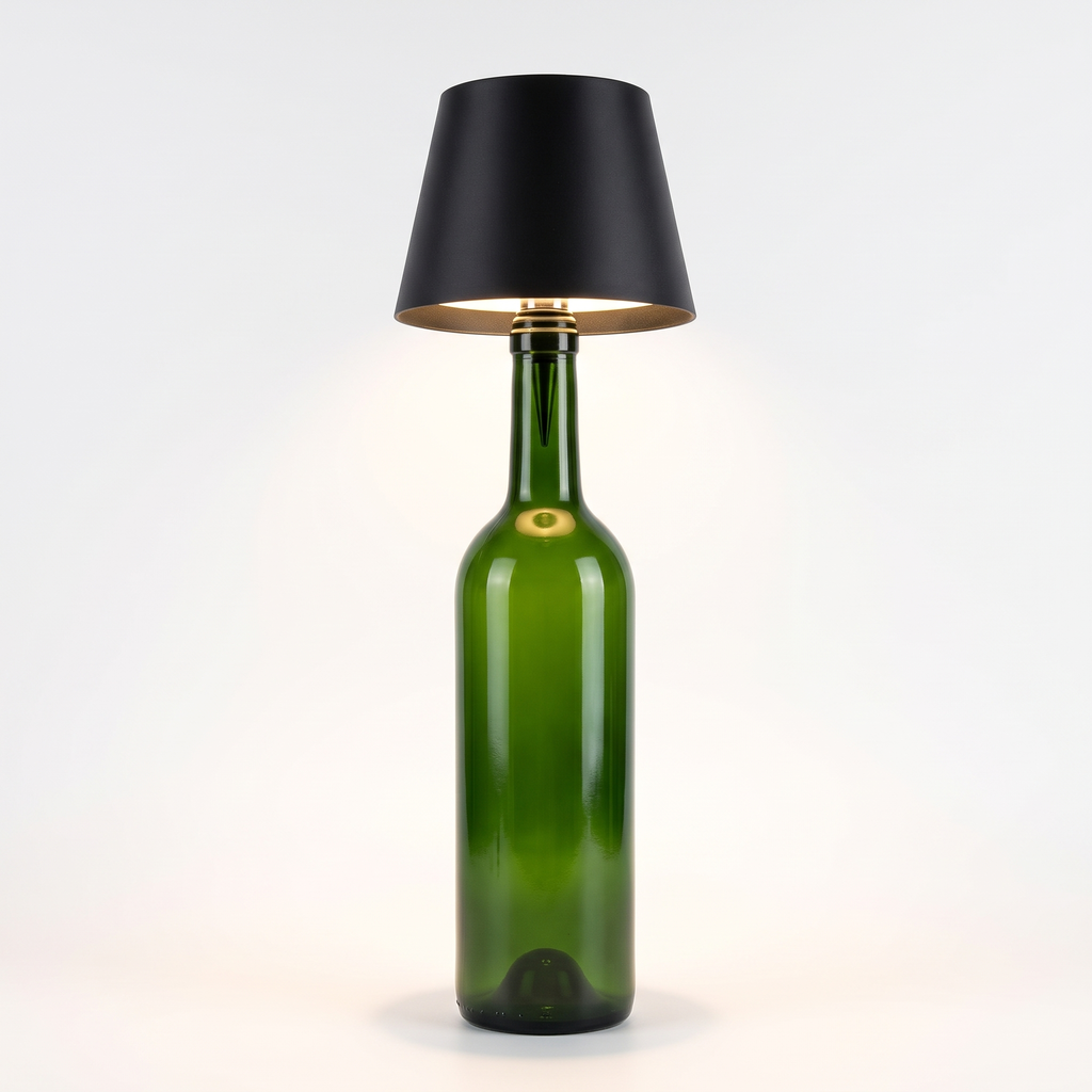 Black round shade cordless bottle lamp on a green bottle, white background