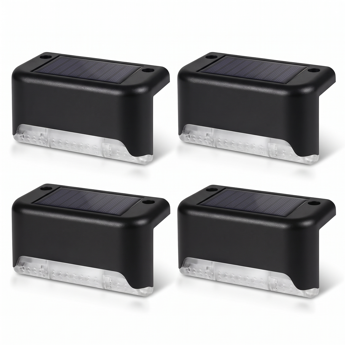Four black solar step lights on white background
