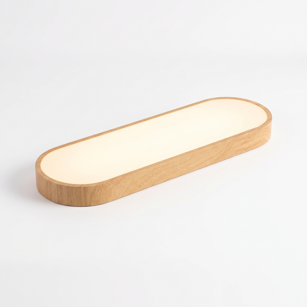 Oval wood LED flush mount ceiling light on white background