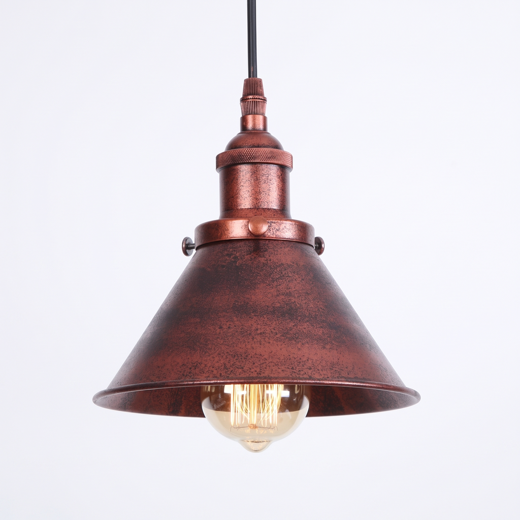 Wide rust copper industrial cone pendant light on white background
