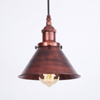 Wide rust copper industrial cone pendant light on white background