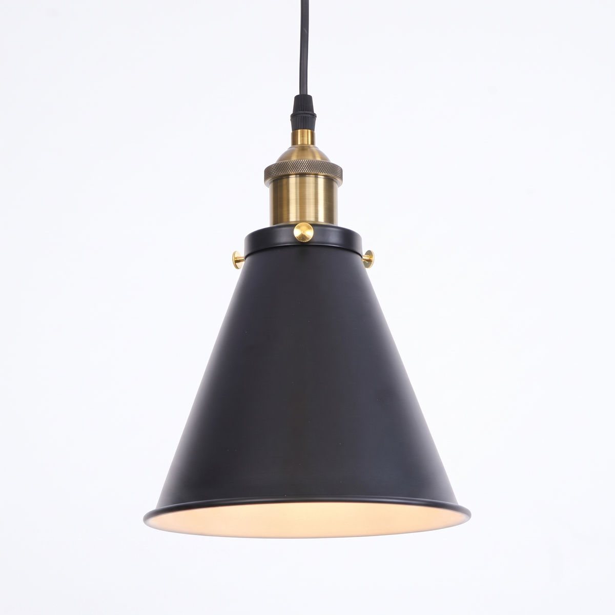 Tall black industrial cone pendant light on white background