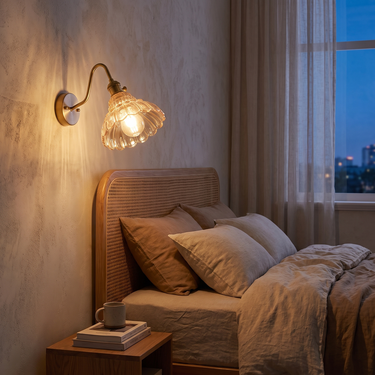 Amber ribbed glass wall sconce beside a bed