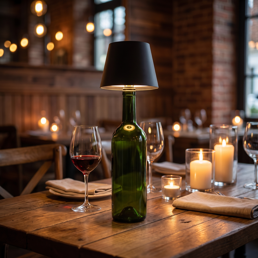 Cordless wine bottle lamp on a candlelit dinner table