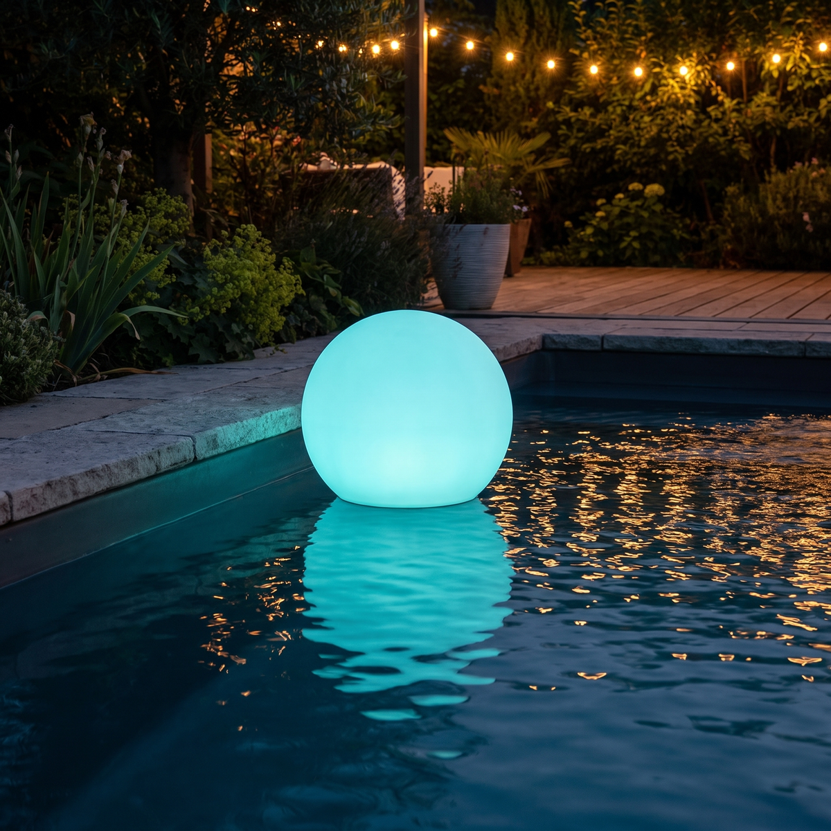 LED glow ball light glowing blue beside a pool at night