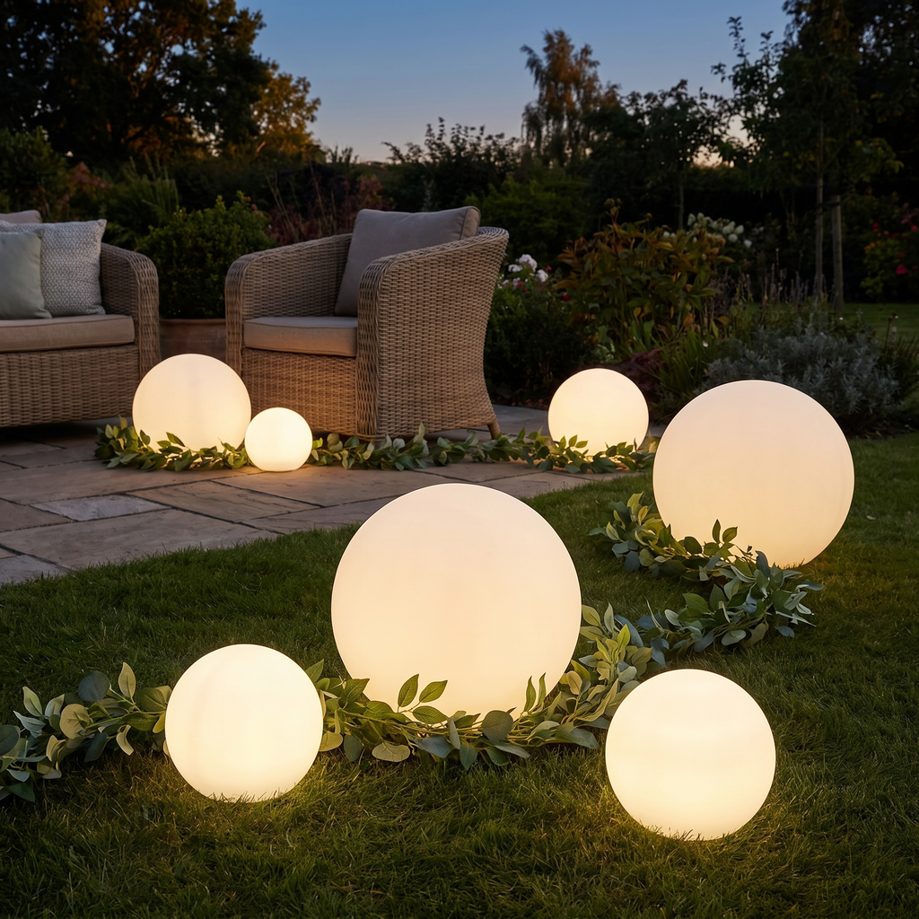 Glowing LED ball lights on a garden lawn at dusk