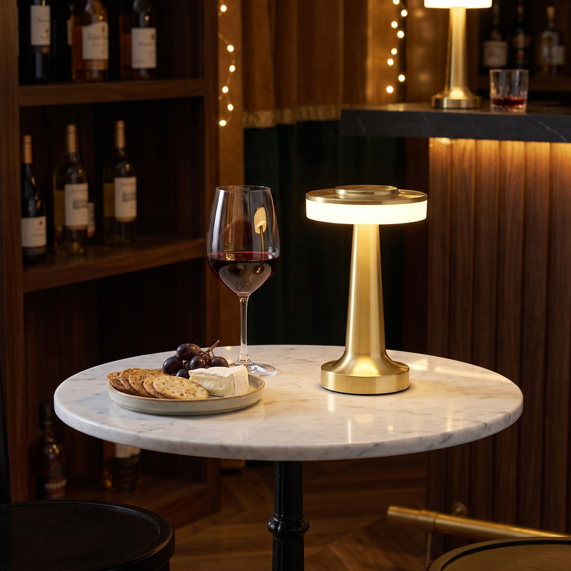 Gold cordless mushroom table lamp on a bistro table at night