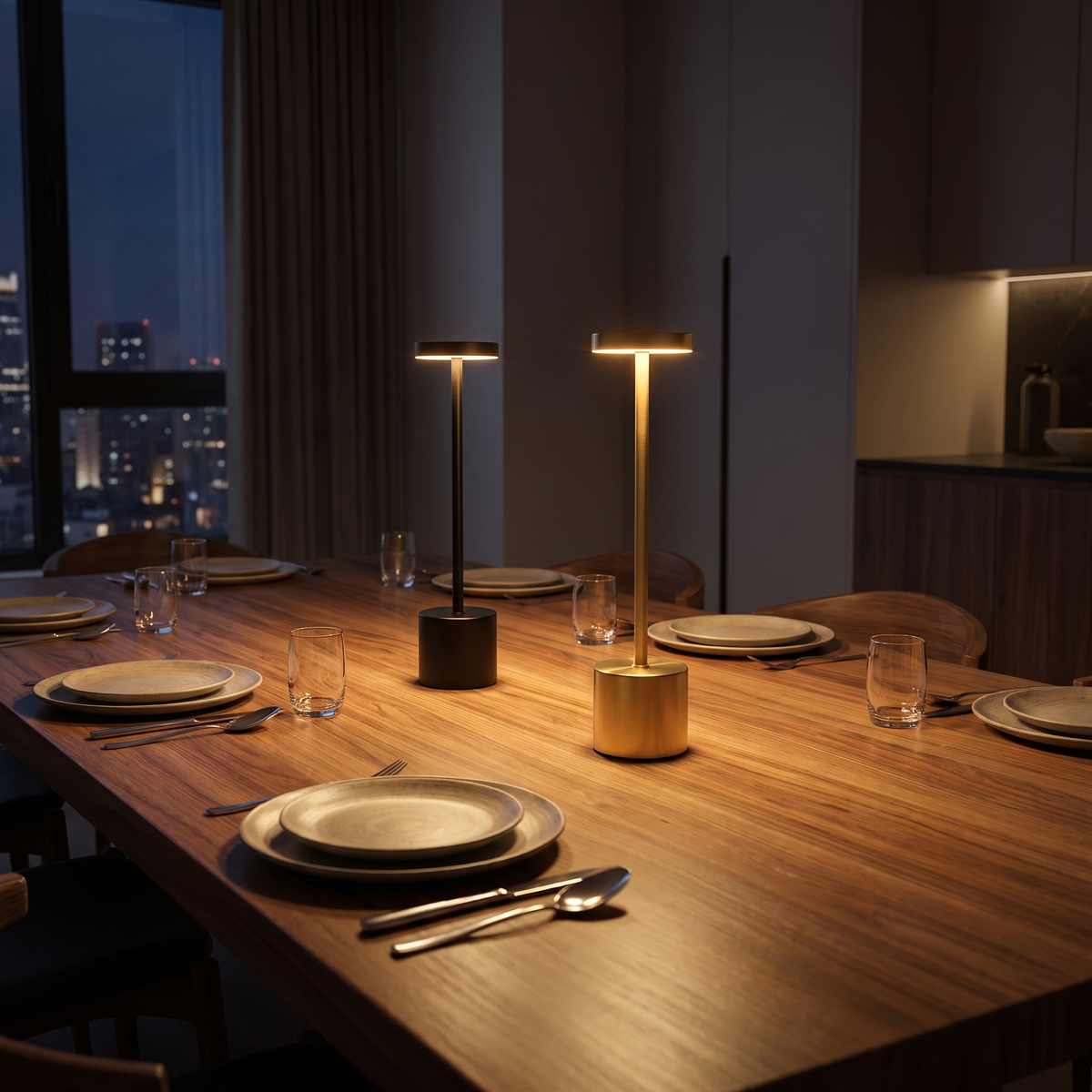 Black and gold slim cordless table lamps on a dining table