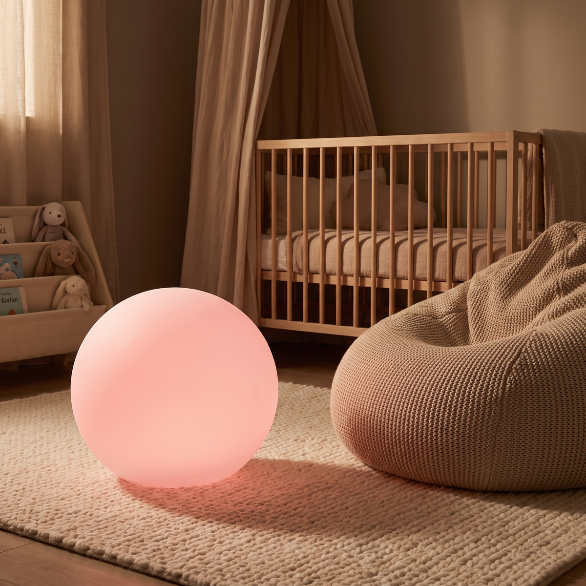 LED glow ball light glowing pink in a child's bedroom