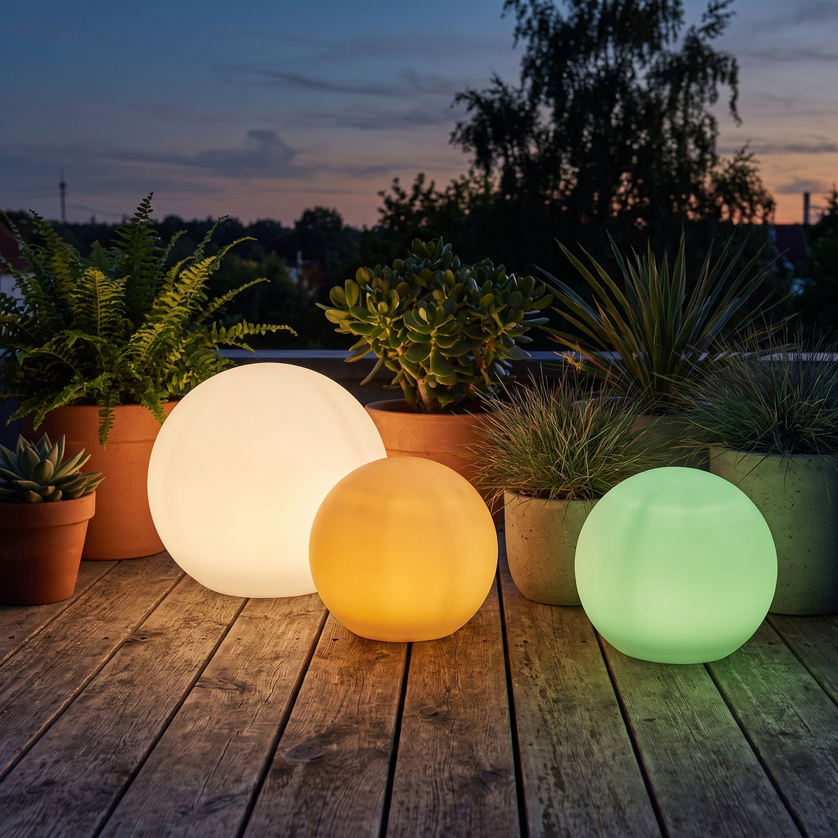 Three LED glow ball lights in different sizes on a deck