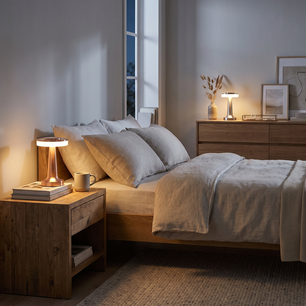 Rose gold and silver cordless mushroom lamps in a bedroom