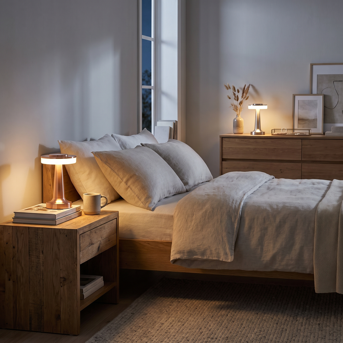 Rose gold and silver cordless mushroom lamps in a bedroom