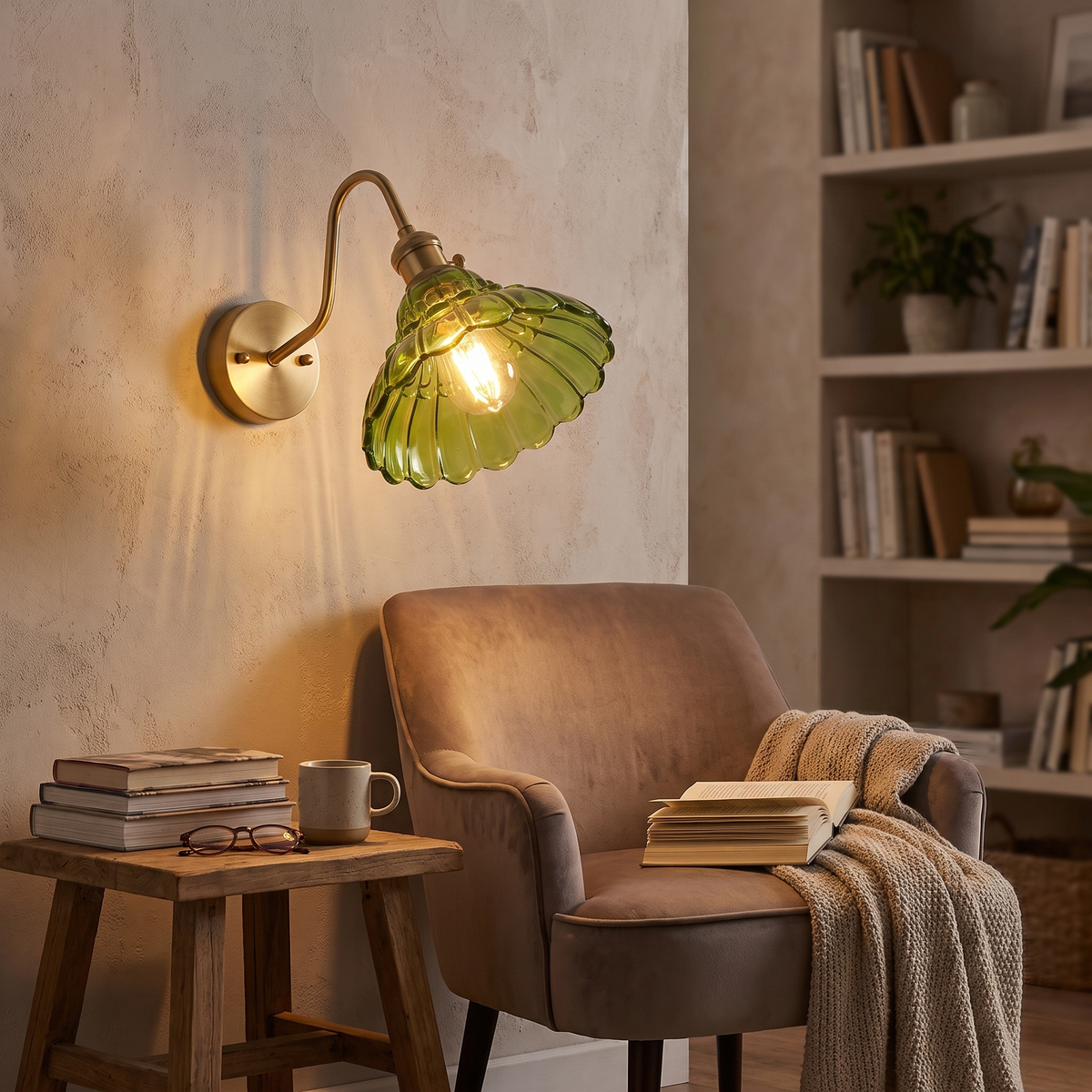 Green ribbed glass wall sconce above a reading chair