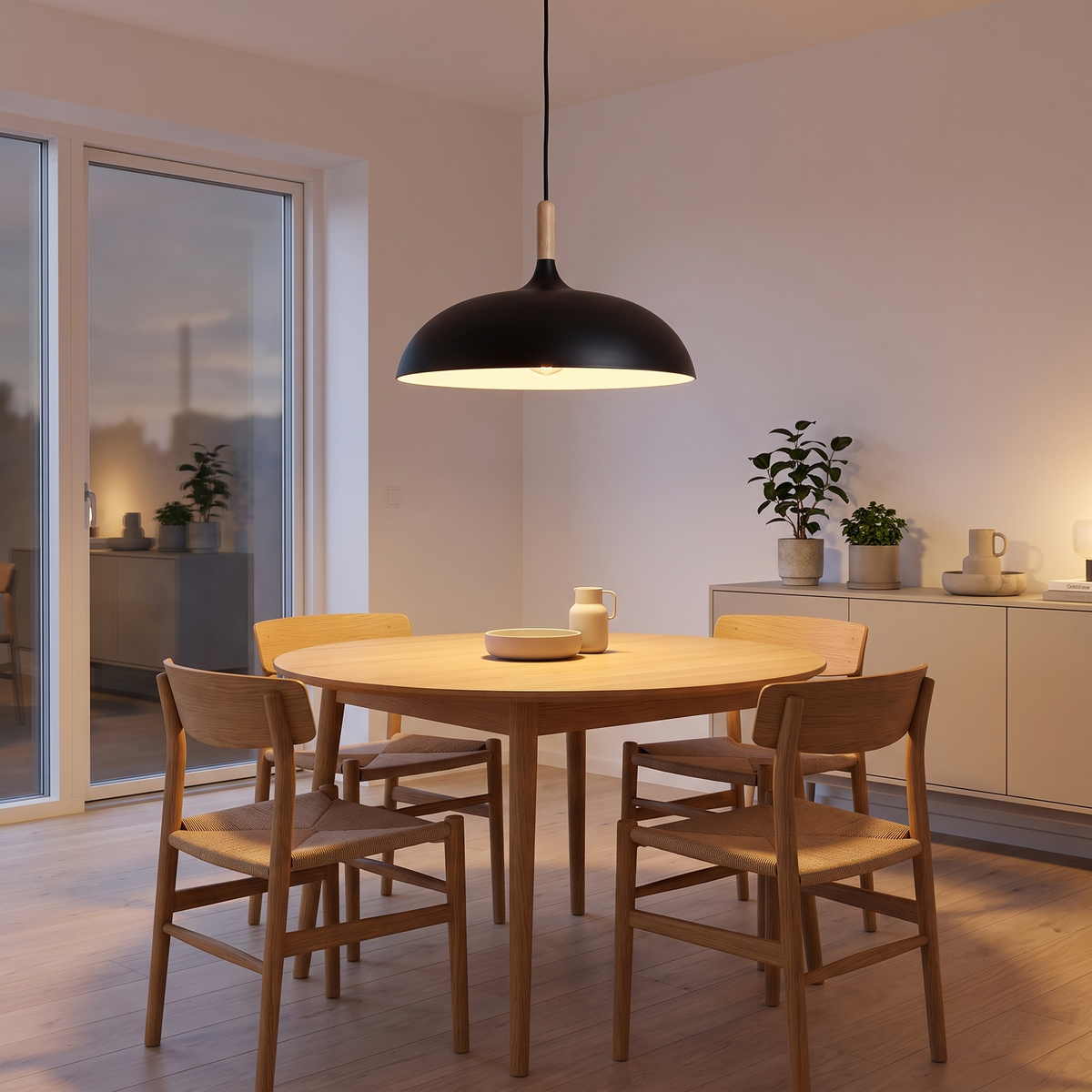 Black wide dome pendant light over a round dining table