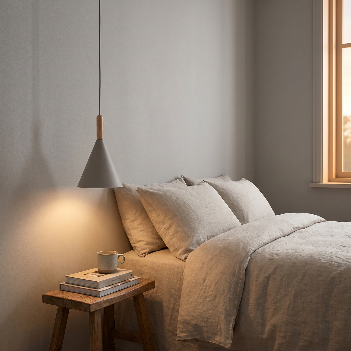Grey Nordic cone pendant light beside a bed