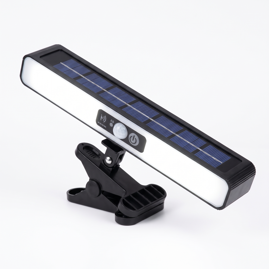 Clip on solar motion light with clamp on white background