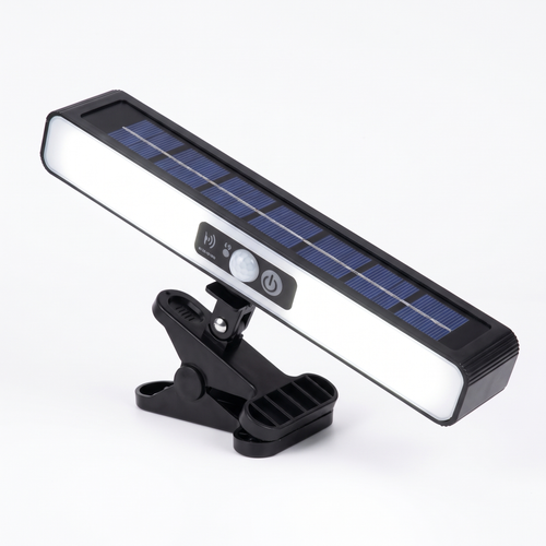 Clip on solar motion light with clamp on white background