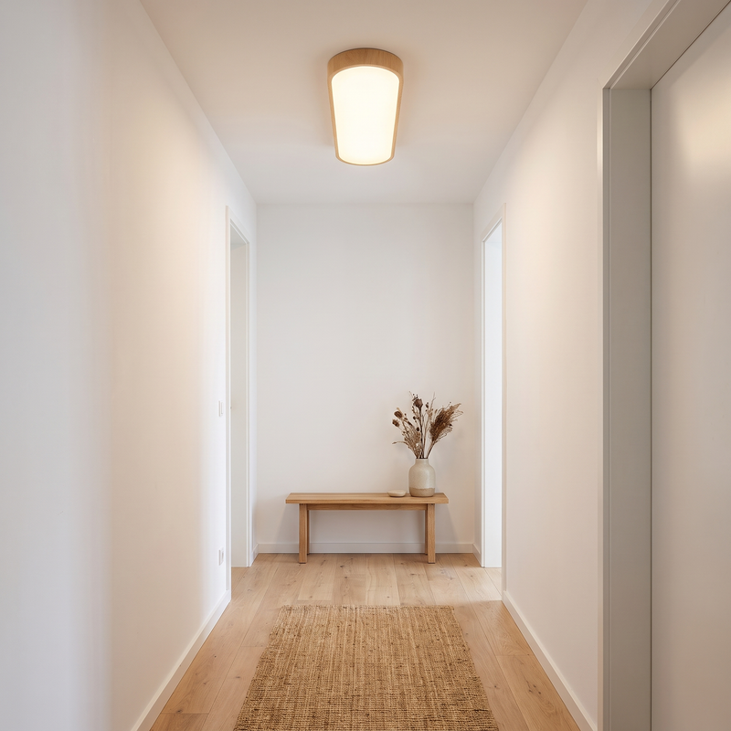 Oval wood LED flush mount ceiling light in a hallway