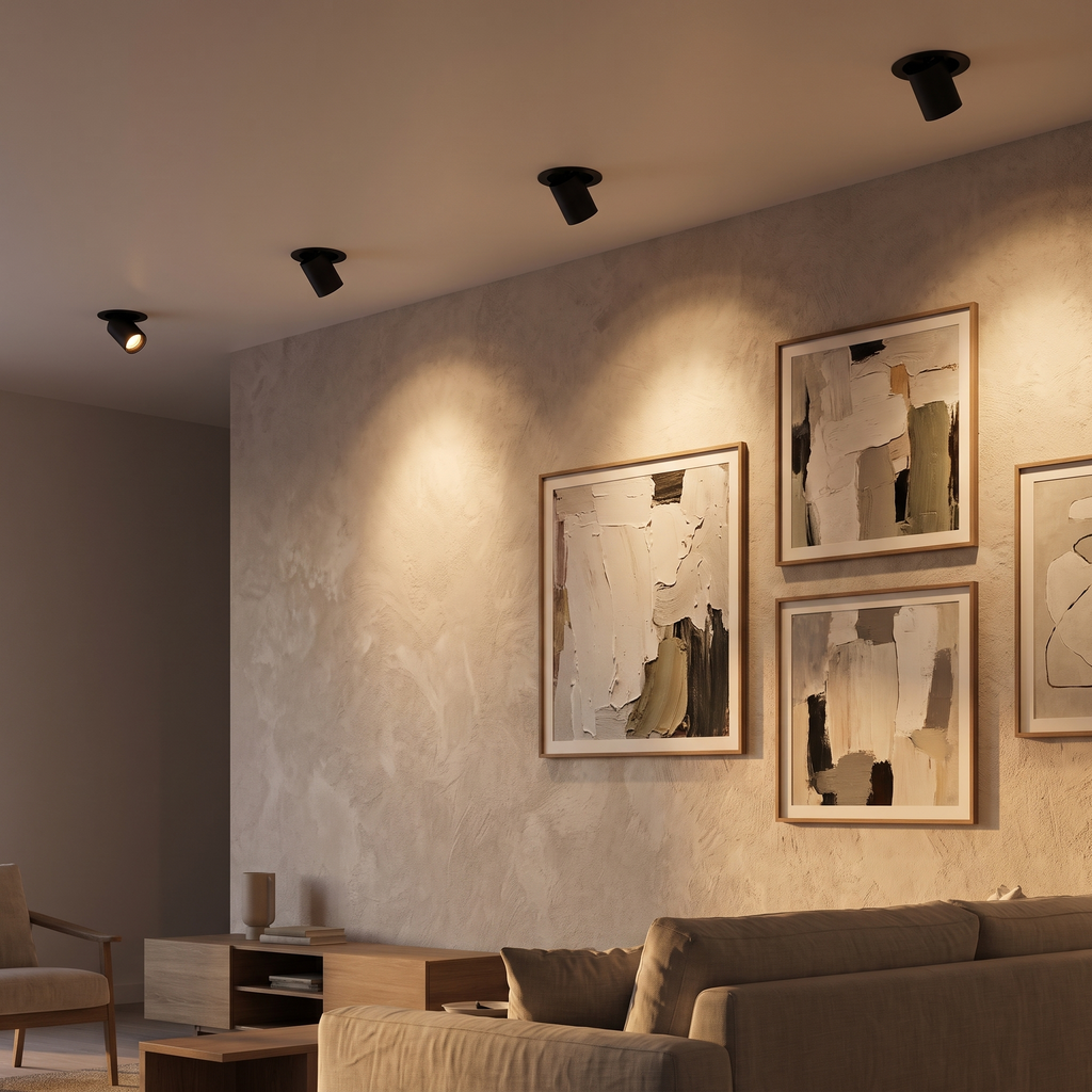 Black recessed spotlights washing light onto wall art