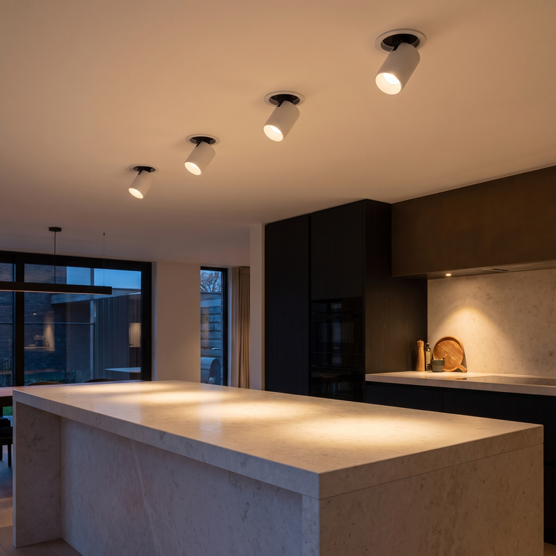 White adjustable recessed spotlights over a kitchen island