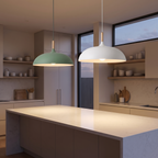 Green and white dome pendant lights over a kitchen island