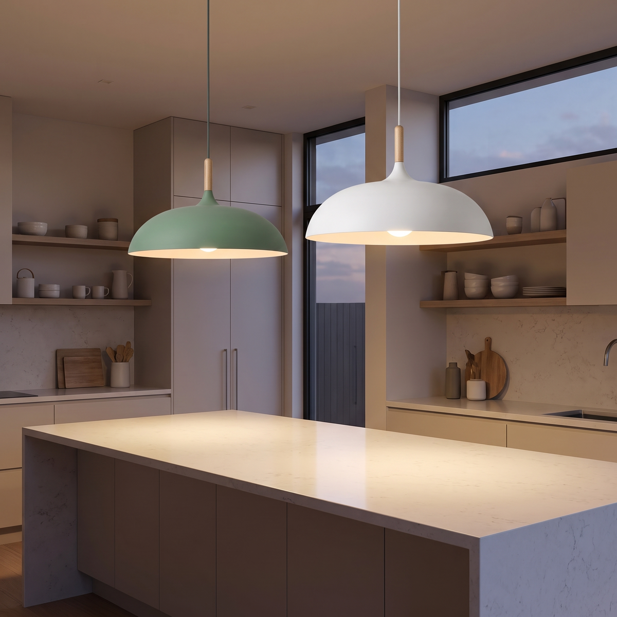 Green and white dome pendant lights over a kitchen island