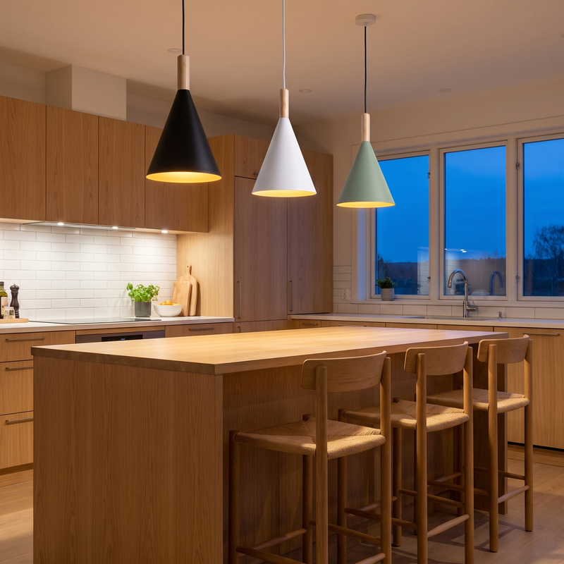 Three Nordic cone pendant lights over a kitchen island