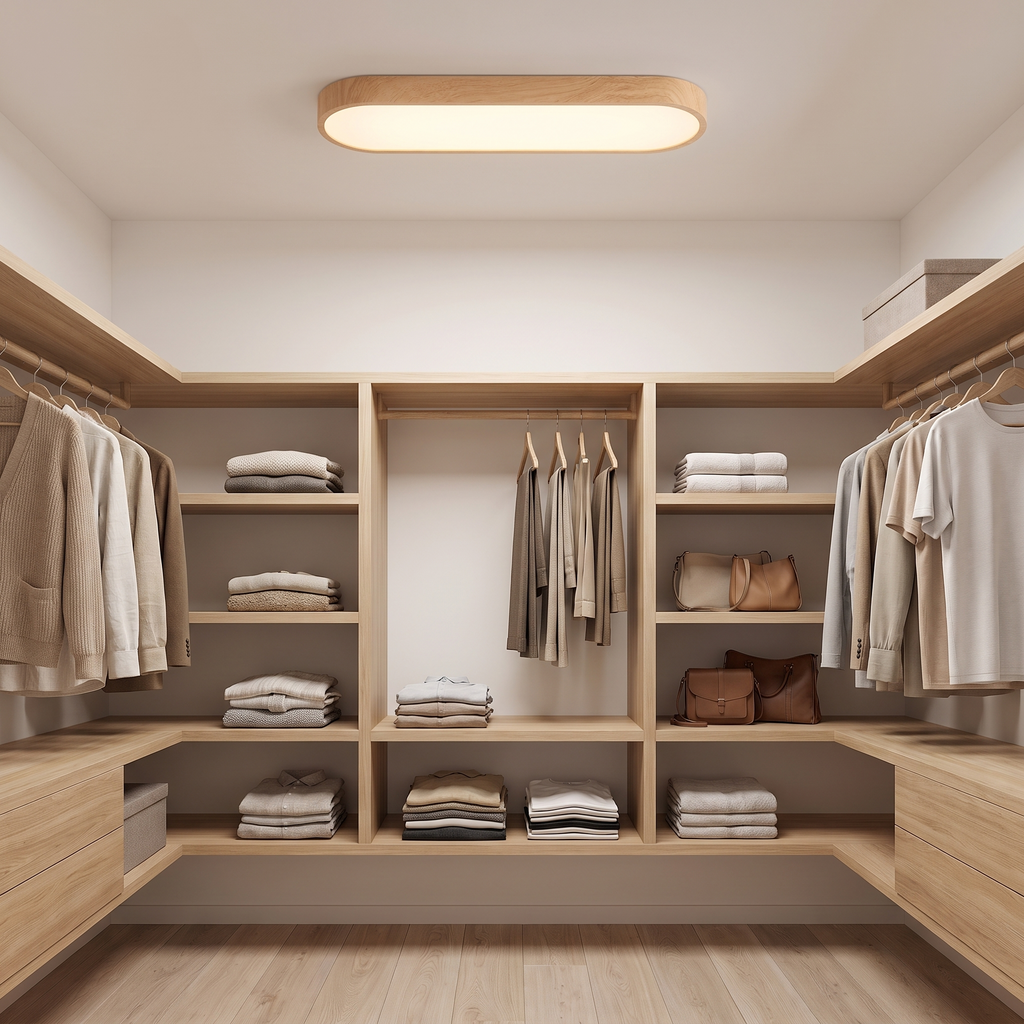 Oval wood LED ceiling light in a walk-in closet