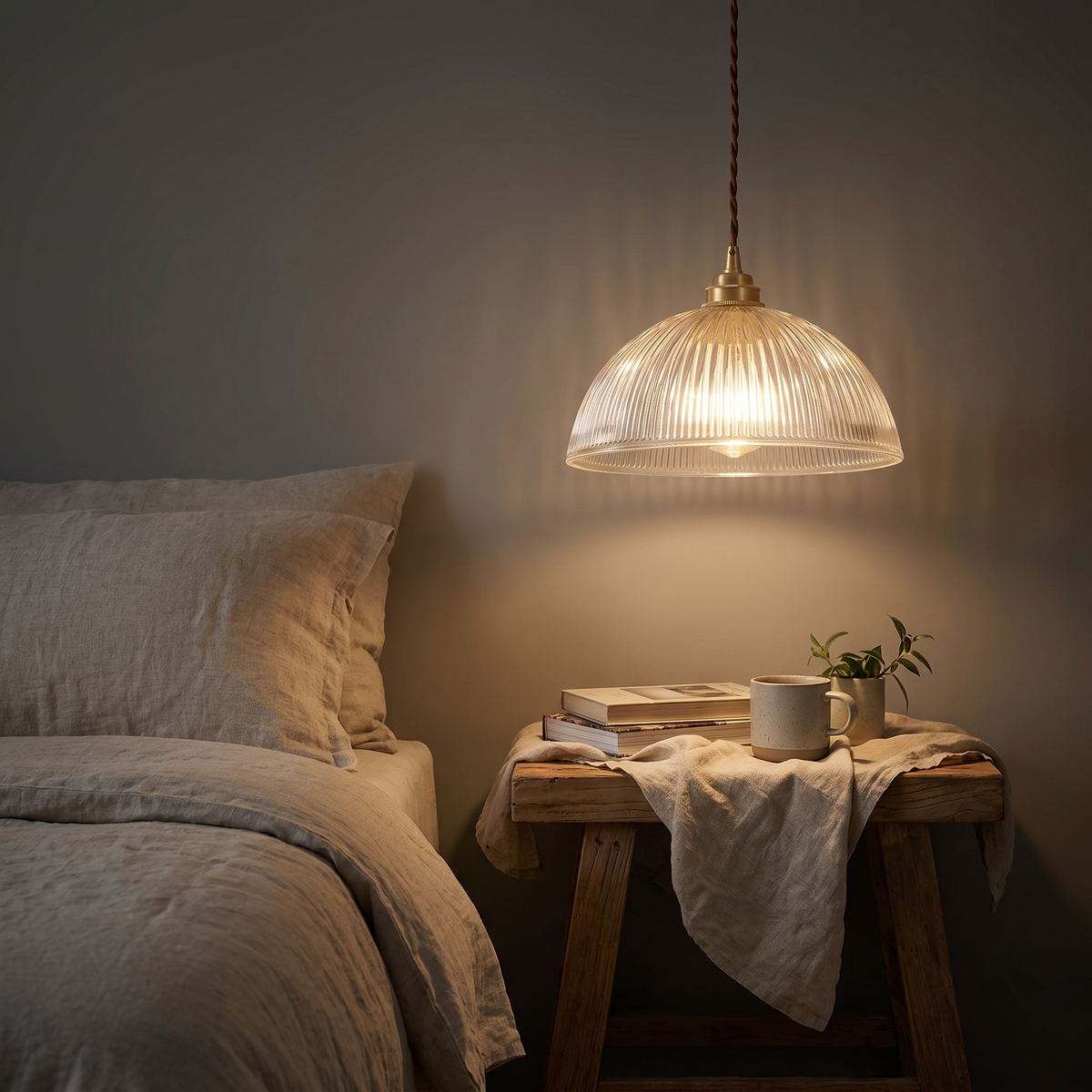 Ribbed glass dome pendant used as a bedside light