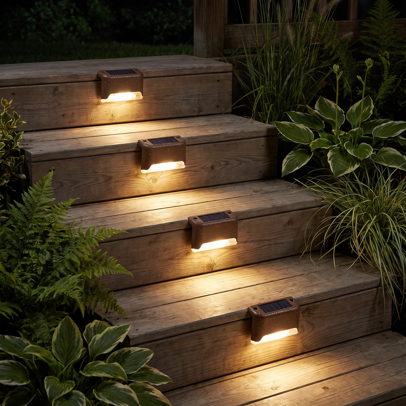 Solar step lights glowing on wooden deck stairs at night