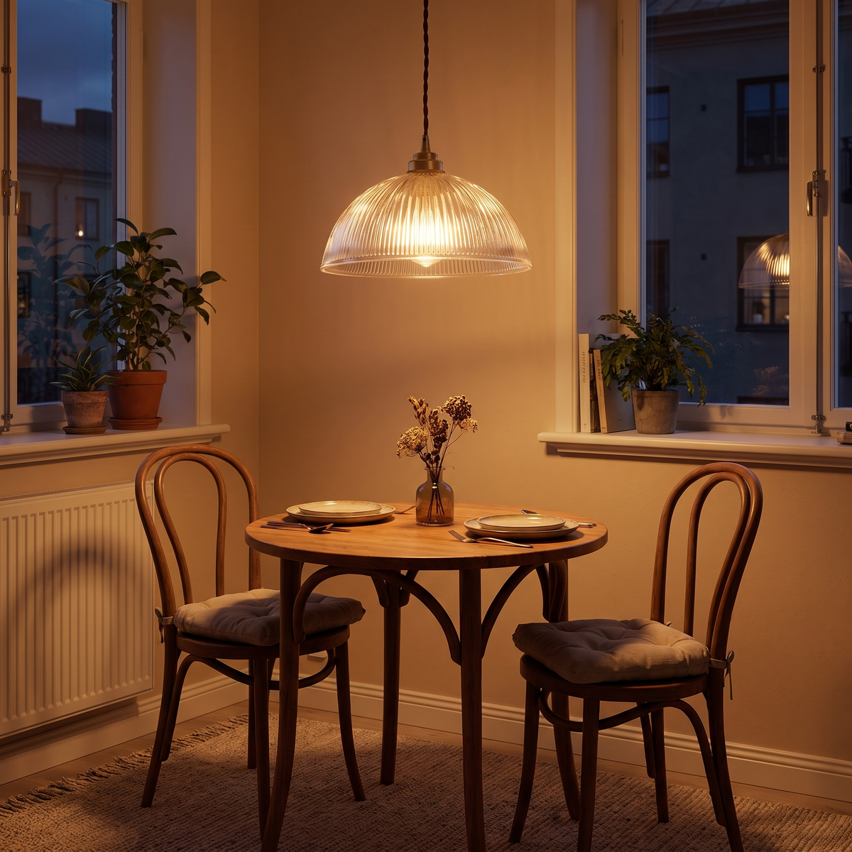 Ribbed glass dome pendant over a small dining table
