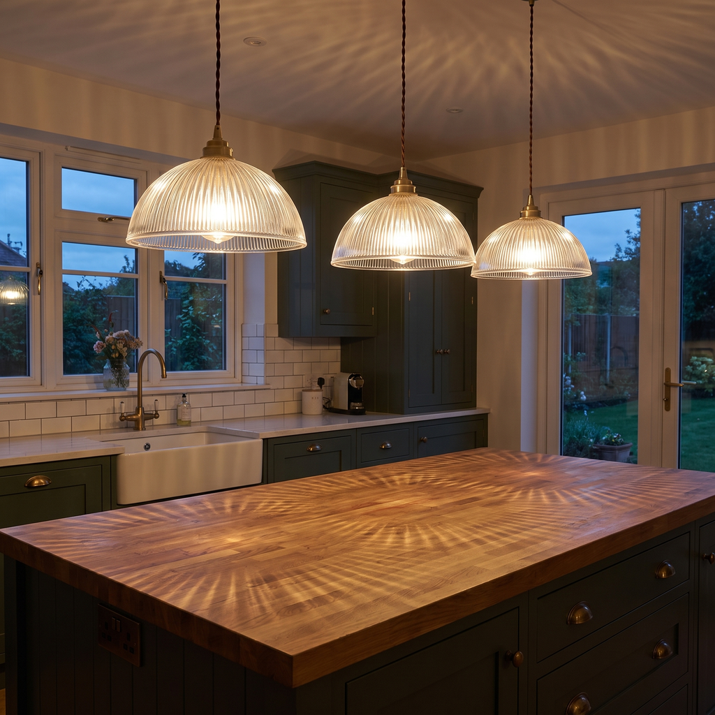 Three ribbed glass dome pendant lights over a kitchen island