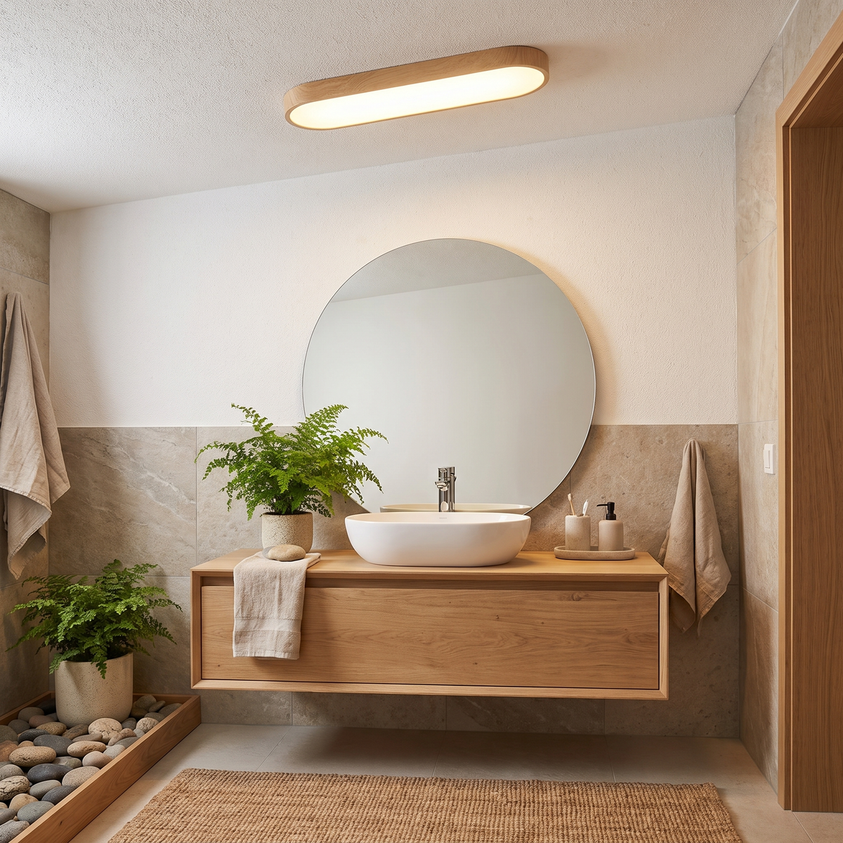 Oval wood LED ceiling light above a bathroom vanity
