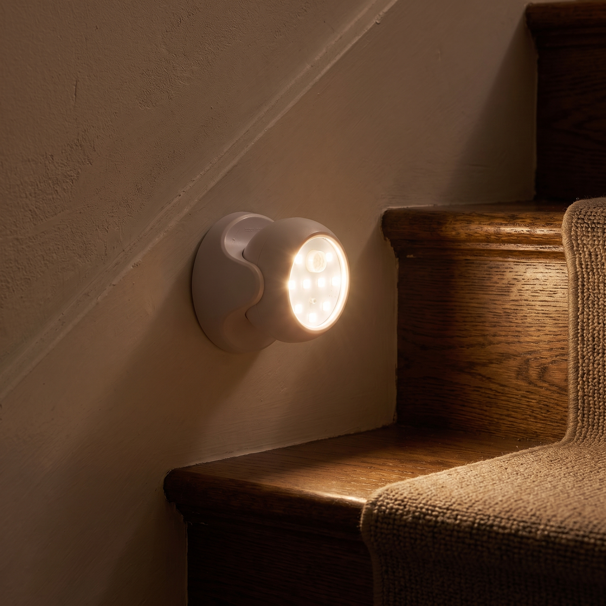 White motion sensor light lighting stairs at night