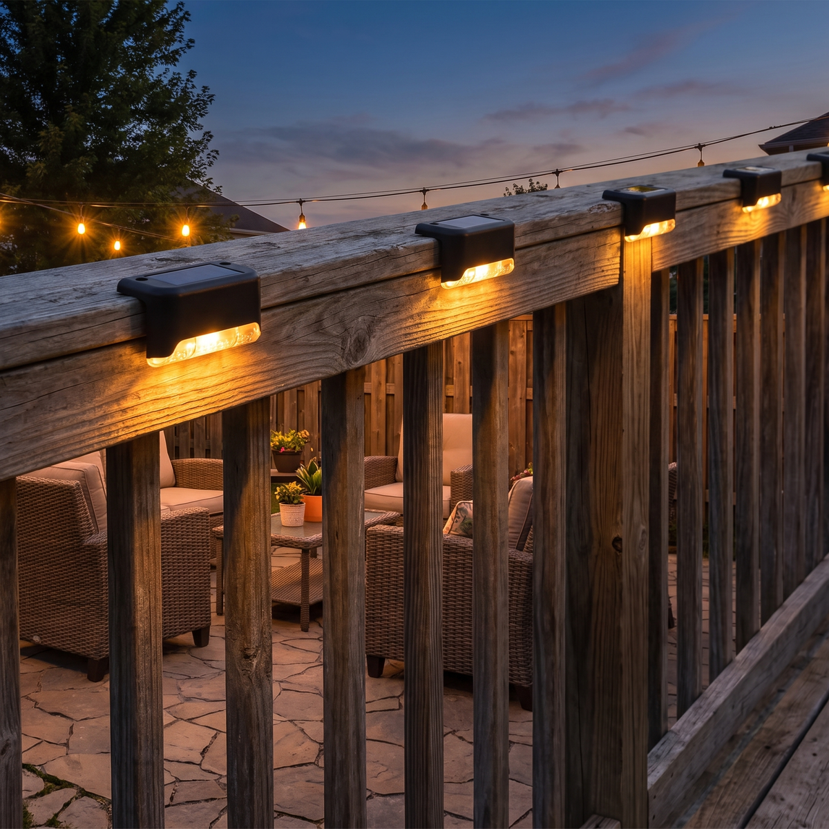 Black solar step lights along a deck railing at dusk