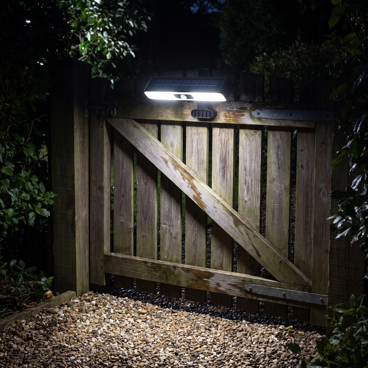 Clip on solar motion light lighting a garden gate