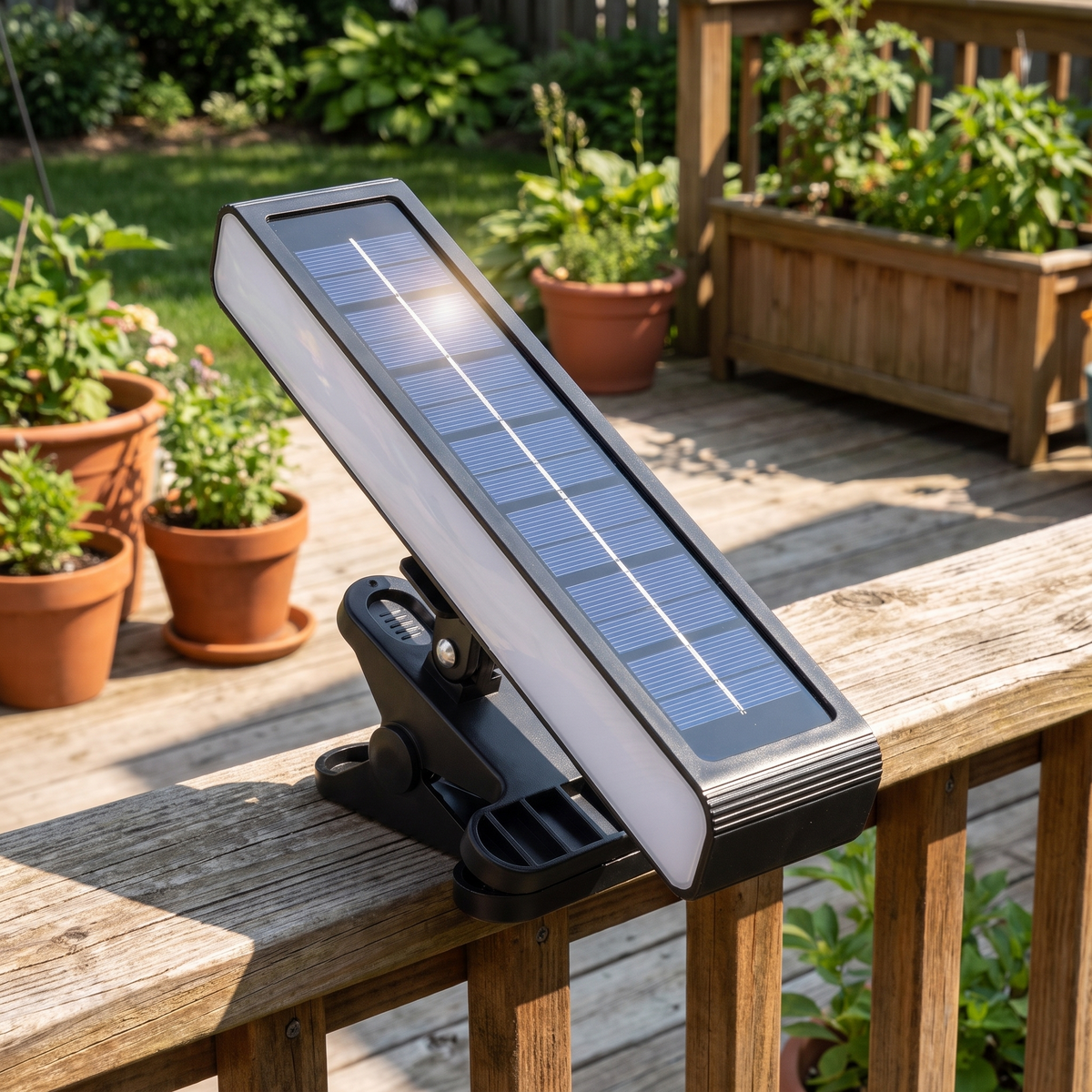 Clip on solar motion light on a deck railing