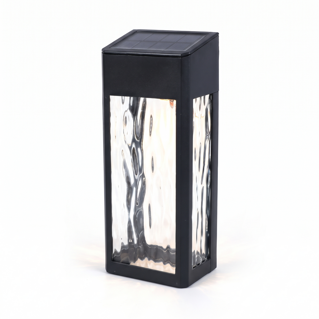Black solar wall lantern with ripple glass on white background